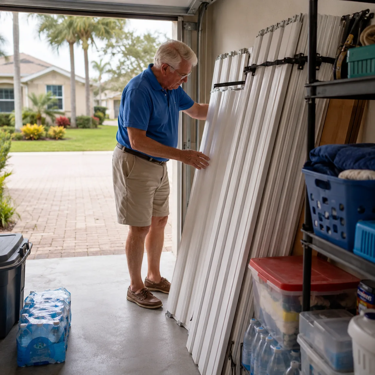 Realistic editorial photo of an older homeowner checking storm shutters and weather supplies in a retirement town garage