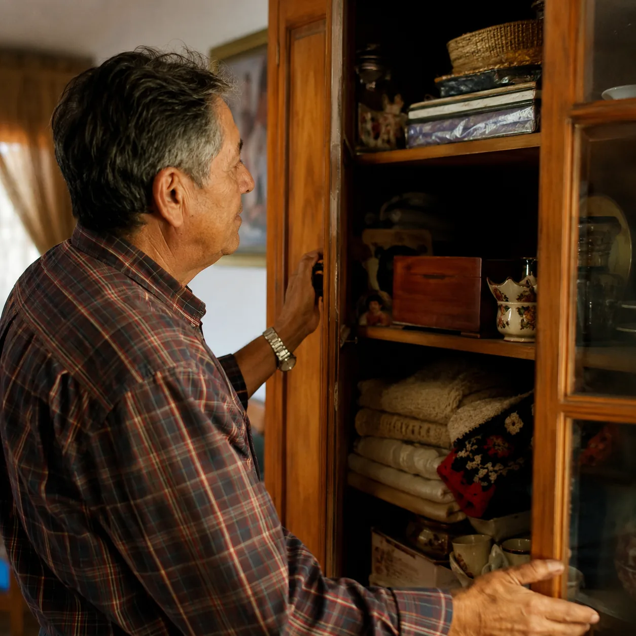Realistic editorial photo of an older Latino relative opening a cabinet filled with carefully saved household items, war