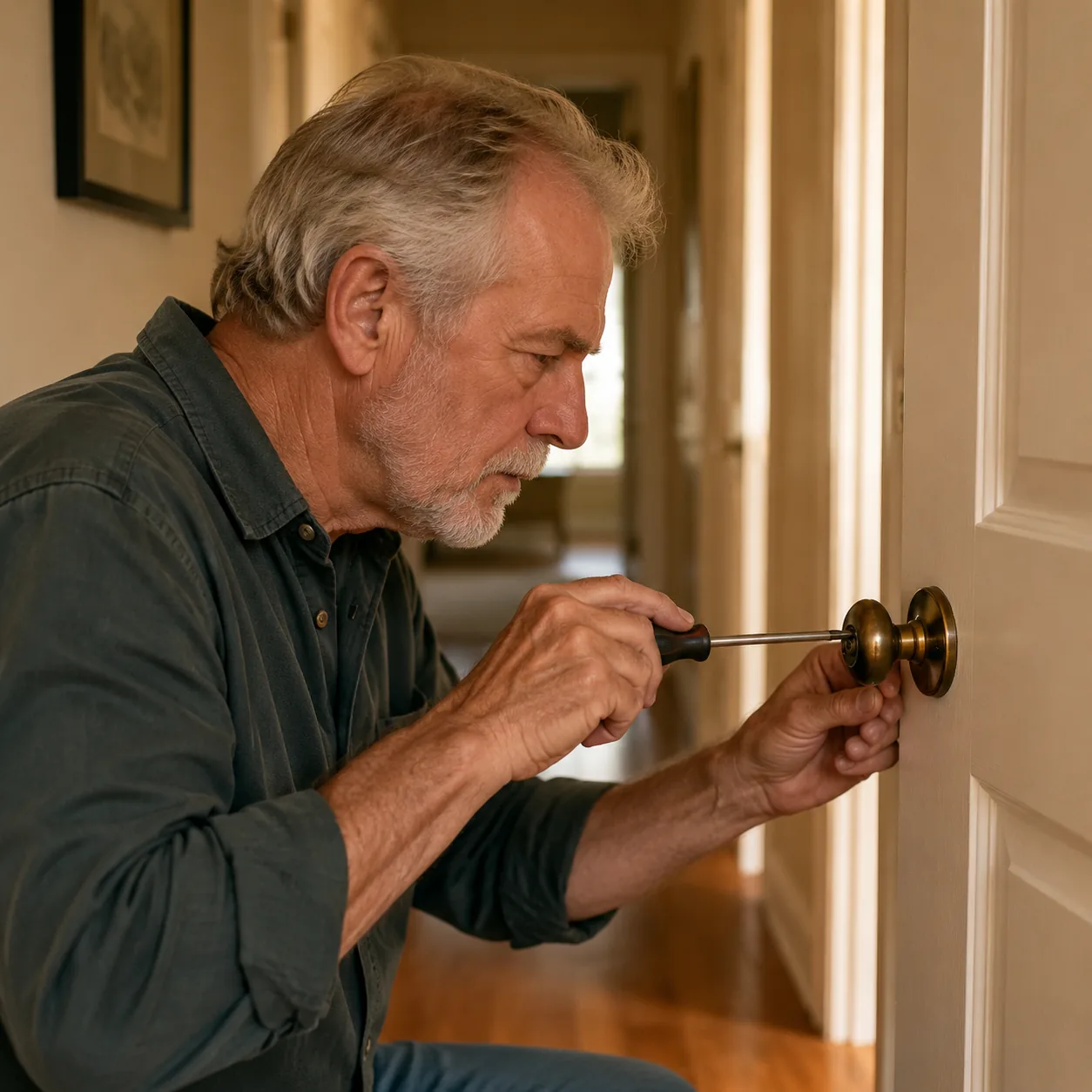 Realistic editorial photo of an older man tightening an interior doorknob with a screwdriver in a hallway, warm natural 