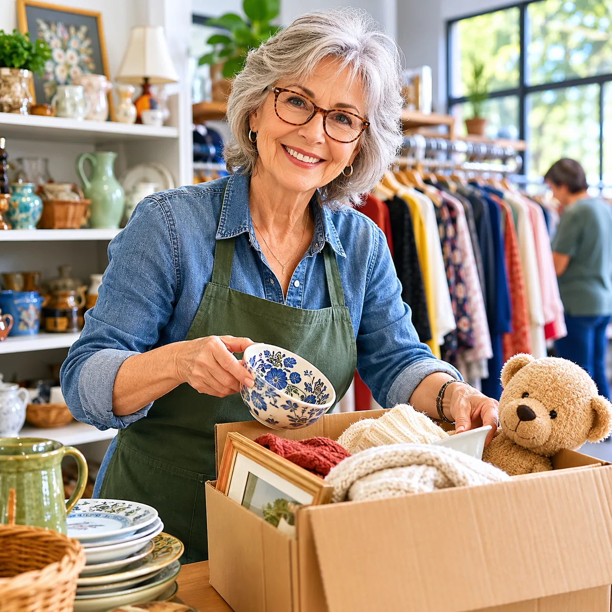 Realistic editorial photo of an older thrift store clerk sorting donations and arranging shelves in a bright secondhand