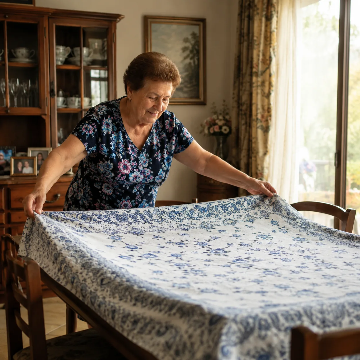 Realistic editorial photo of an older woman spreading a patterned tablecloth over a dining table before family arrives,