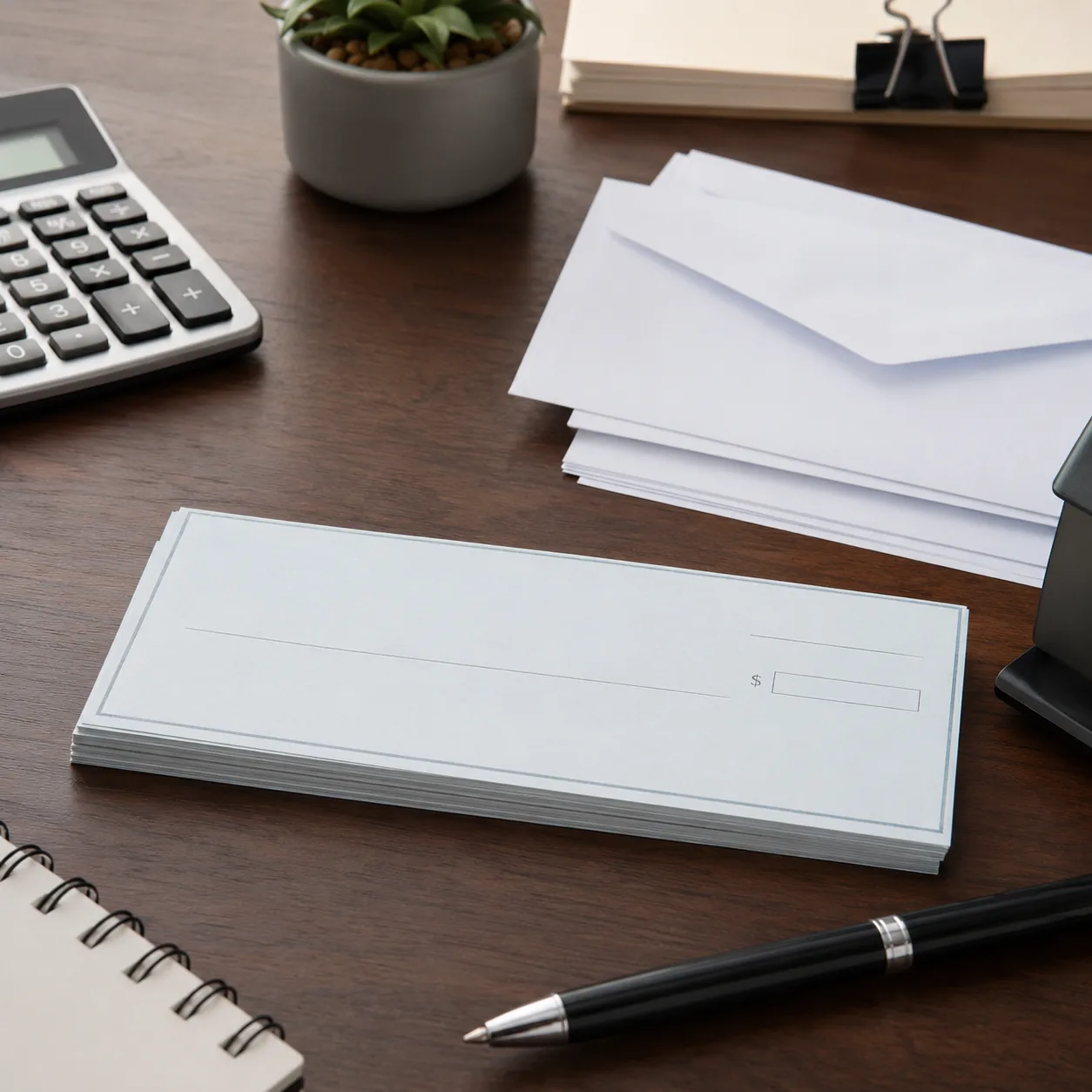Realistic editorial photo of blank business checks, envelopes, and a small office desk without readable text, practical