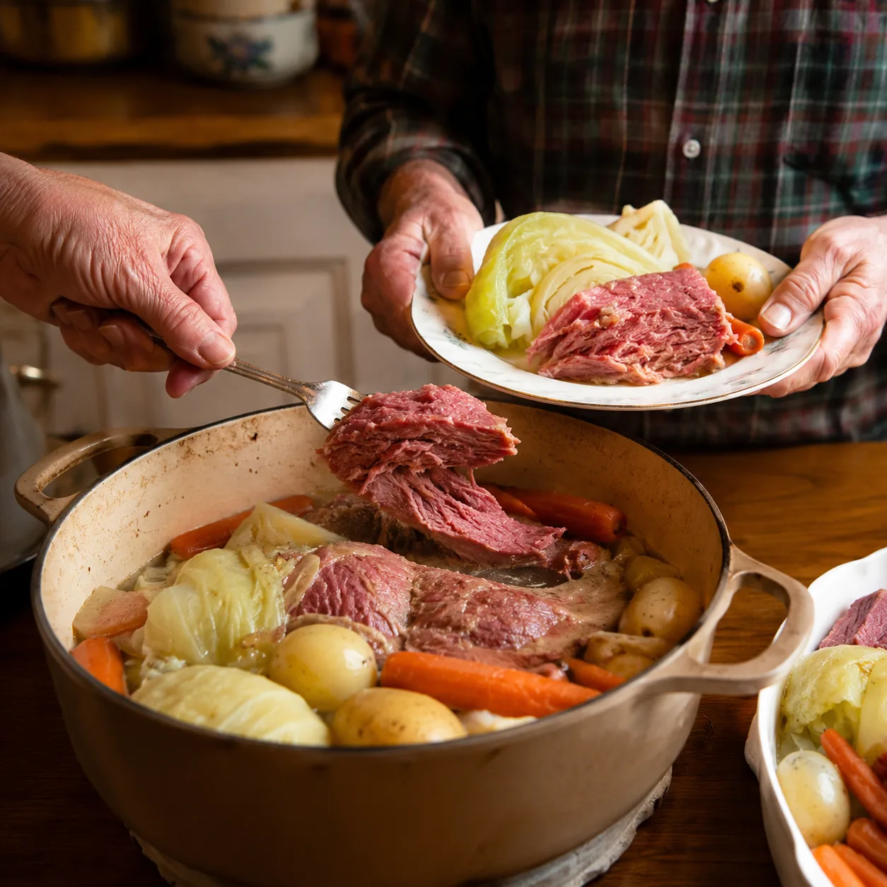 Realistic editorial photo of corned beef, cabbage, potatoes, and carrots served from a large pot on a kitchen table, pra