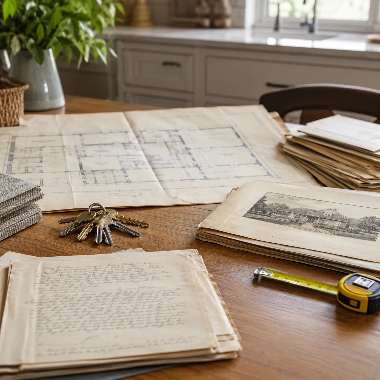 Realistic editorial photo of old house blueprints, keys, deeds, and measuring tape on a kitchen table, realistic estate