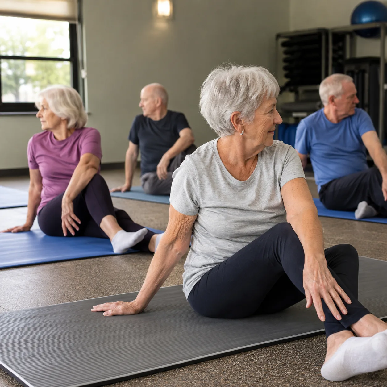 Realistic editorial photo of older adults in a small retirement community fitness class with limited floor space and exe