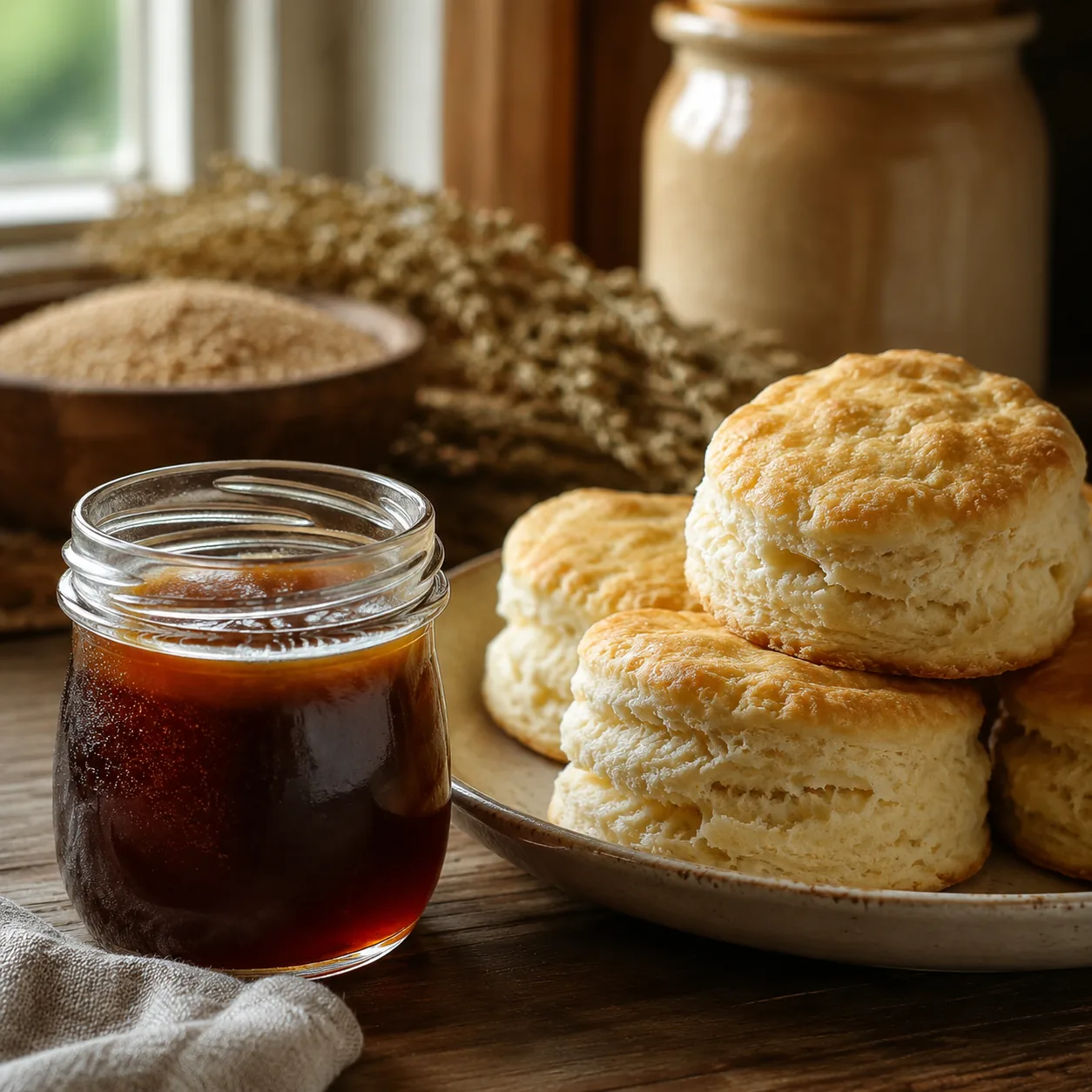 Realistic editorial photo of sorghum syrup in a small glass jar beside hot biscuits on a kitchen table, practical Southe