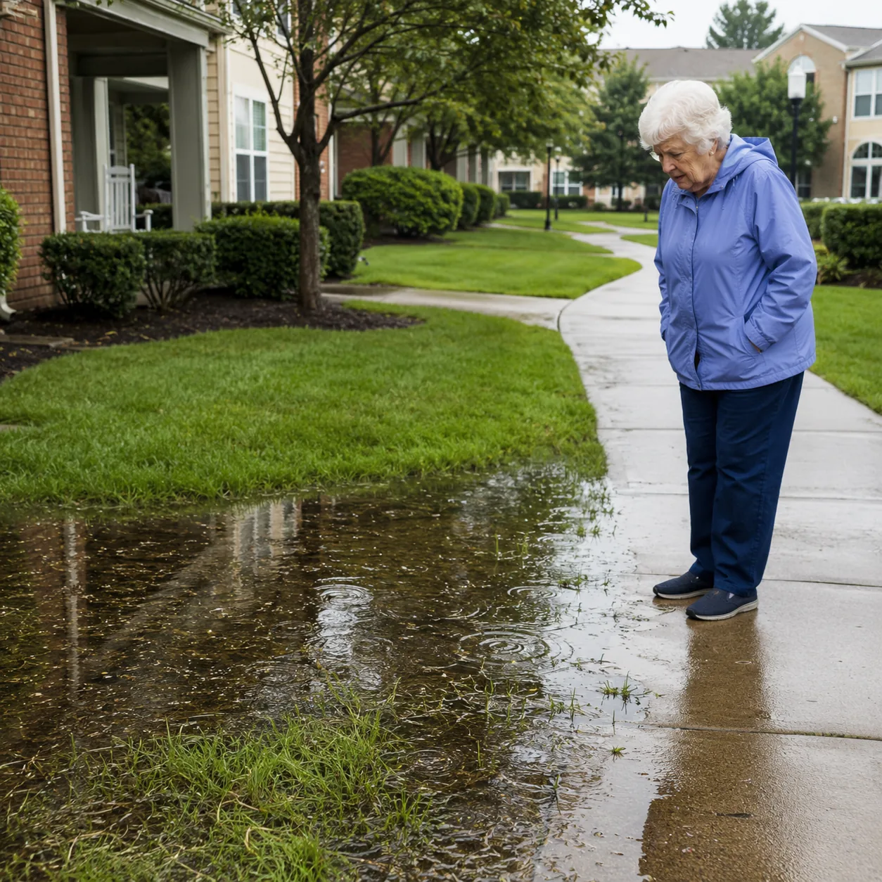 Realistic editorial photo of standing water near a retirement community sidewalk and lawn after rain with an older resid