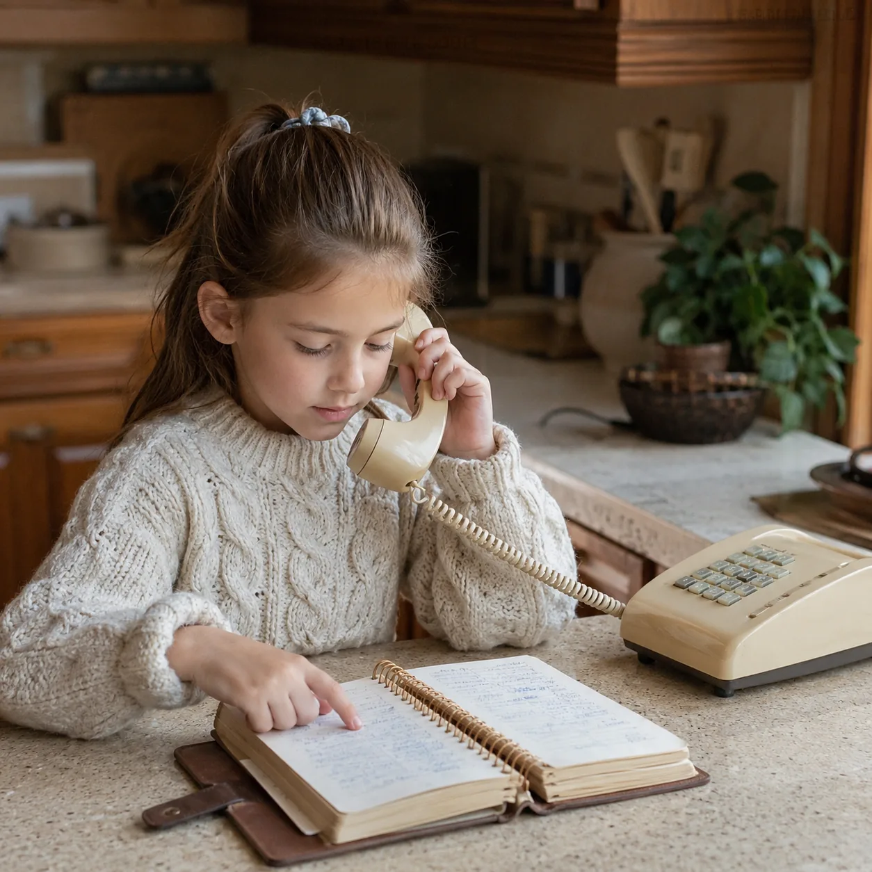 Realistic editorial photo of a child using a landline phone beside a handwritten address book at a kitchen counter, warm