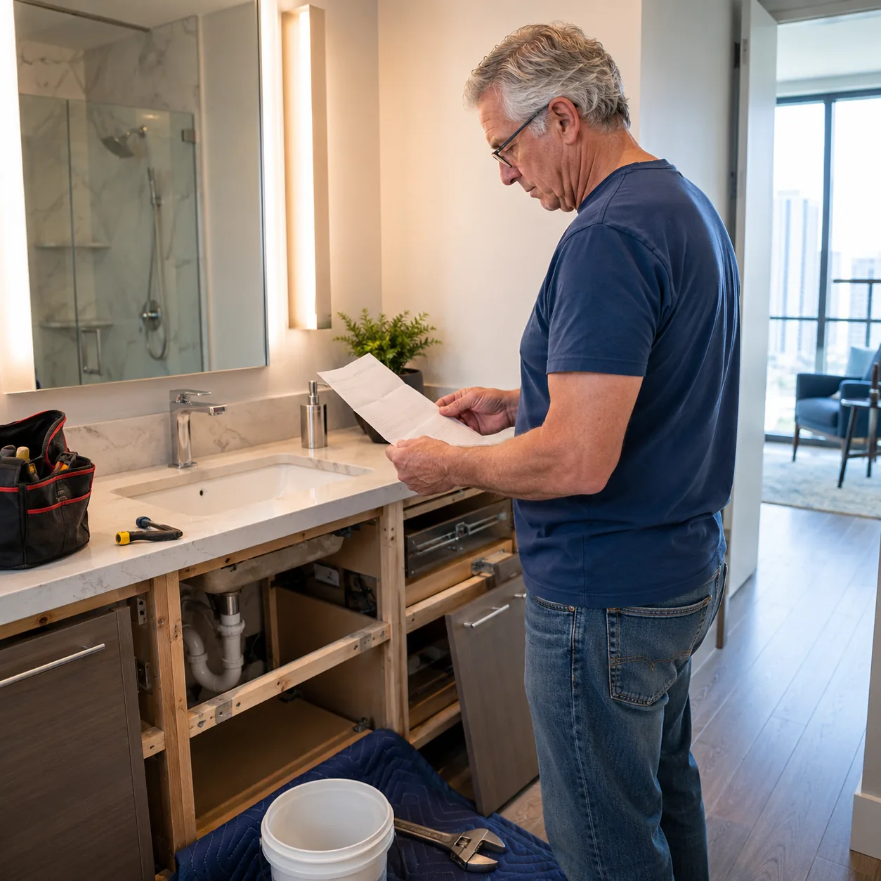 Realistic editorial photo of a condo bathroom vanity repair setup with an older homeowner reading a building maintenance