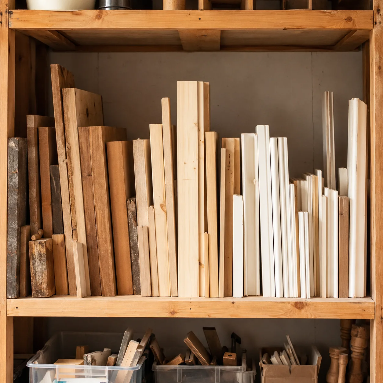 Realistic editorial photo of a garage shelf with small leftover wood boards and trim pieces sorted upright, warm natural