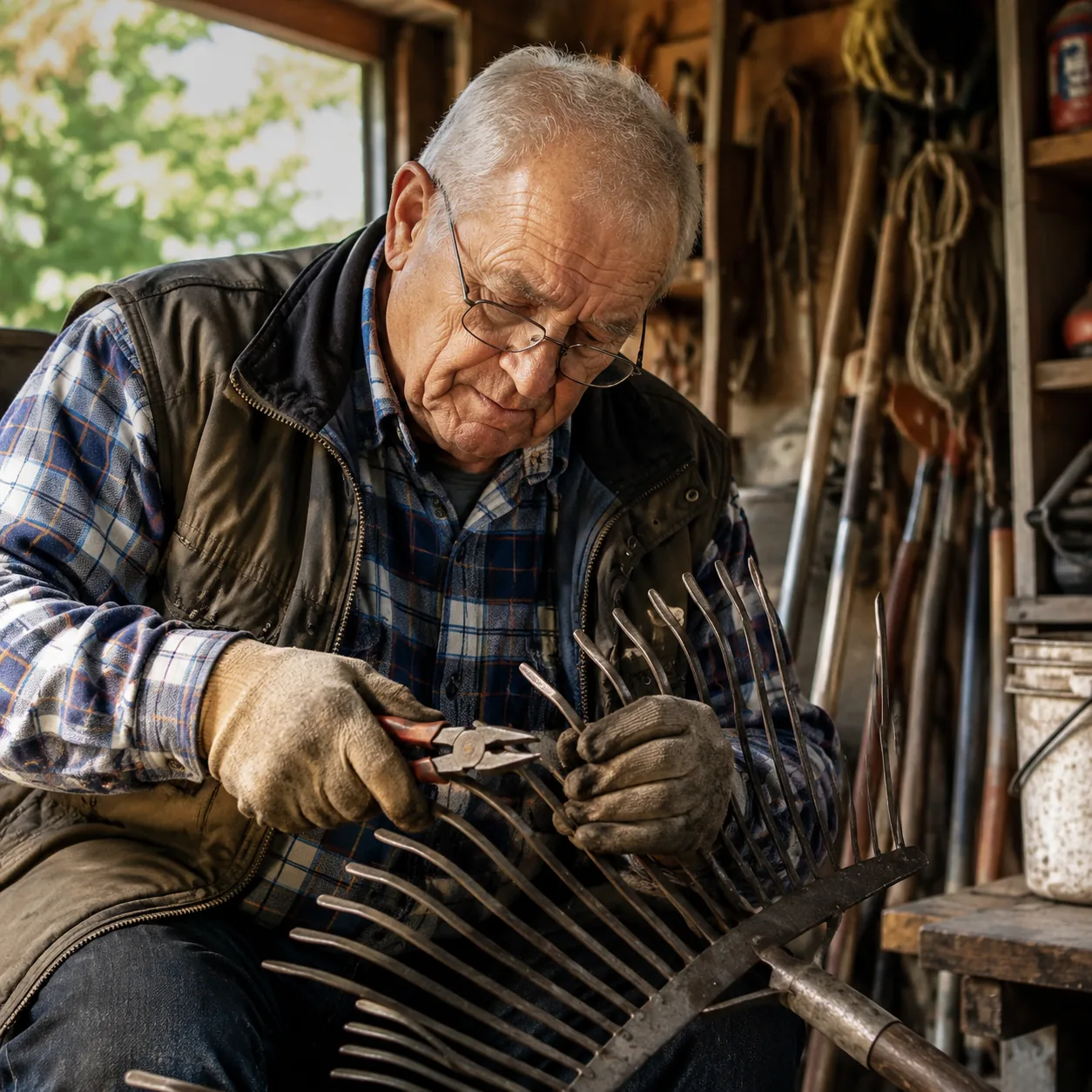Realistic editorial photo of a grandfather straightening bent metal rake tines in a garage with pliers and work gloves, 
