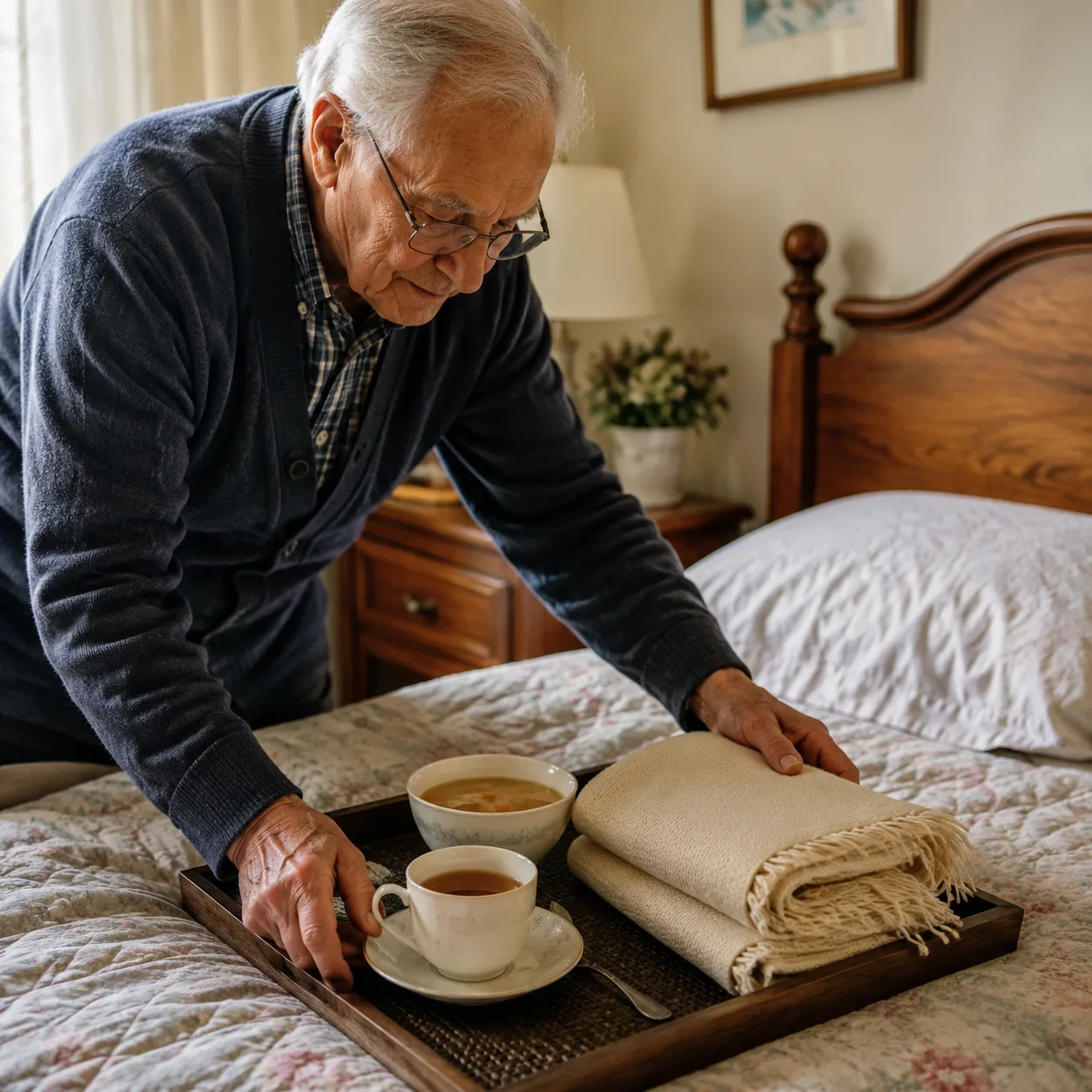 Realistic editorial photo of a grandparent arranging tea, soup, and a folded blanket on a bedside tray, warm natural lig