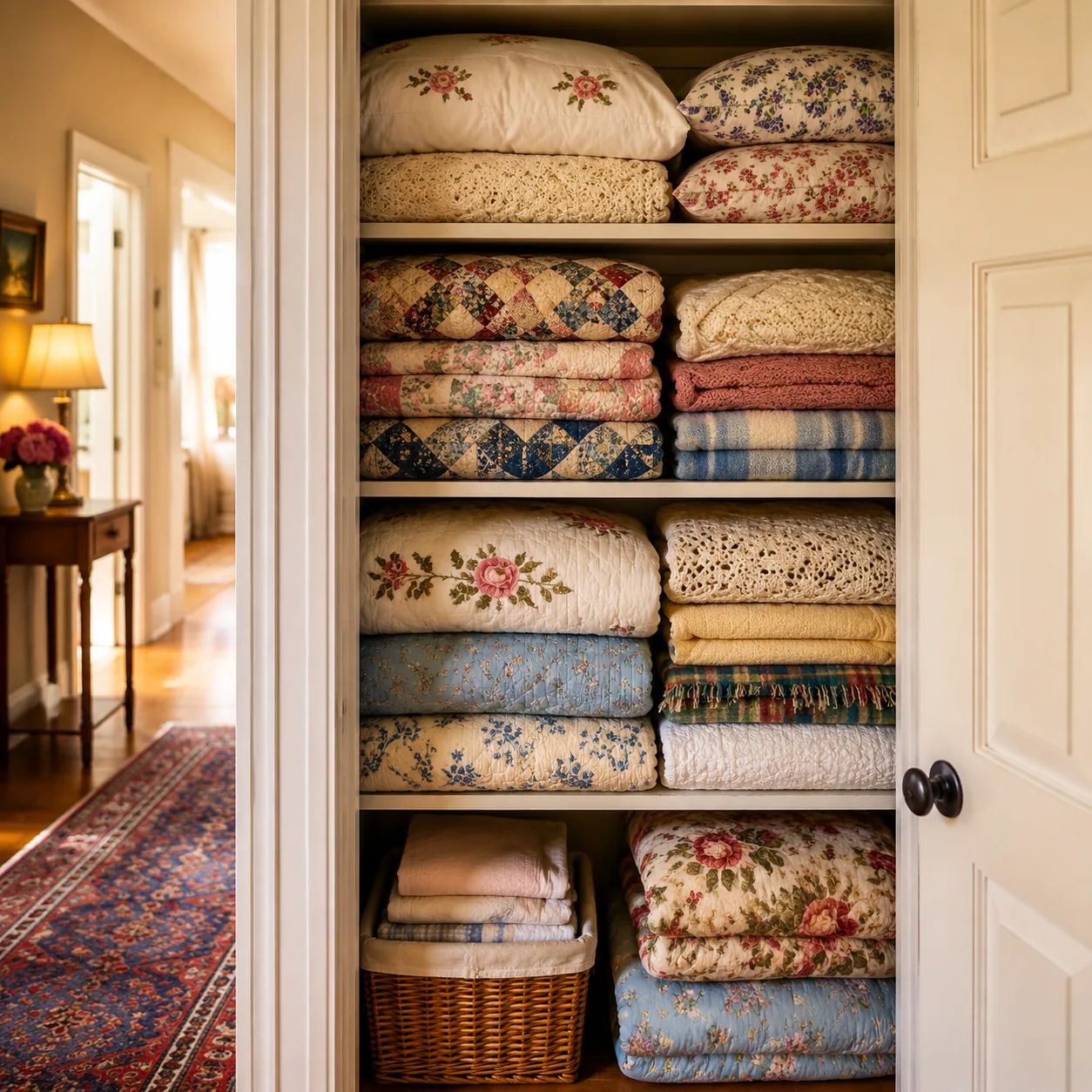 Realistic editorial photo of a hallway linen closet stacked with quilts, blankets, and spare pillows in a grandmother's 