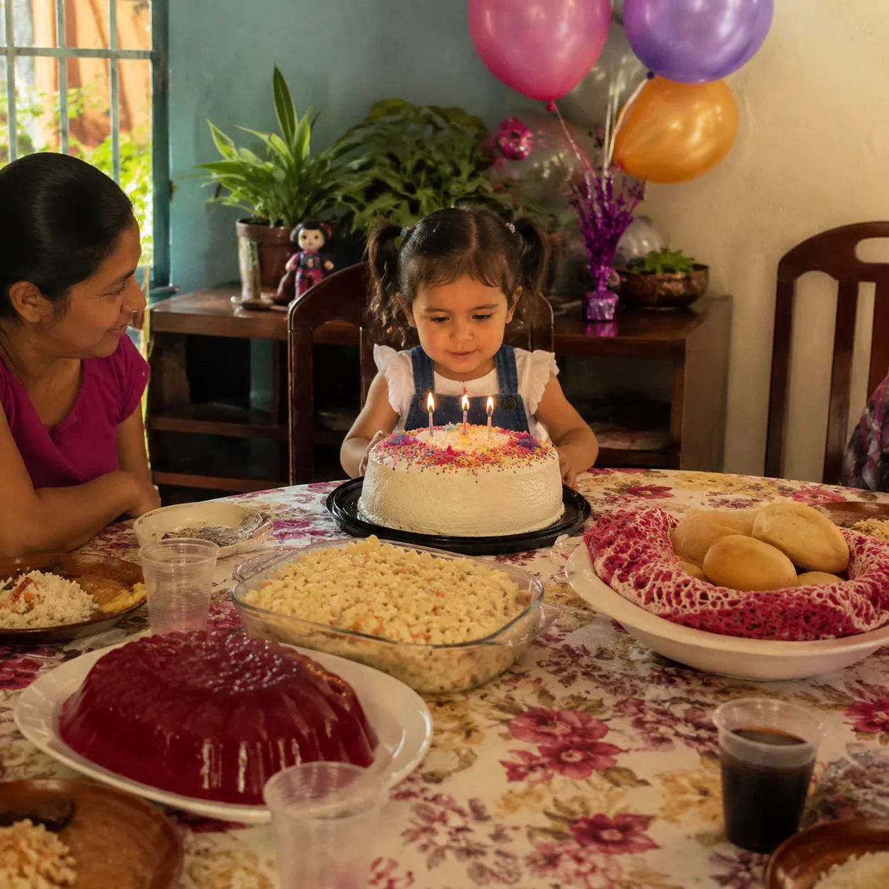Realistic editorial photo of a homemade Latino birthday table with cake, gelatin, balloons, and family plates, warm natu