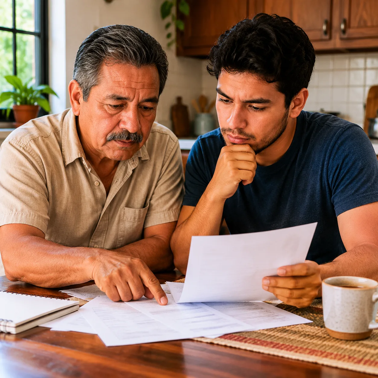 Realistic editorial photo of a Latino parent and adult child looking at paperwork in a modest kitchen, thoughtful home p