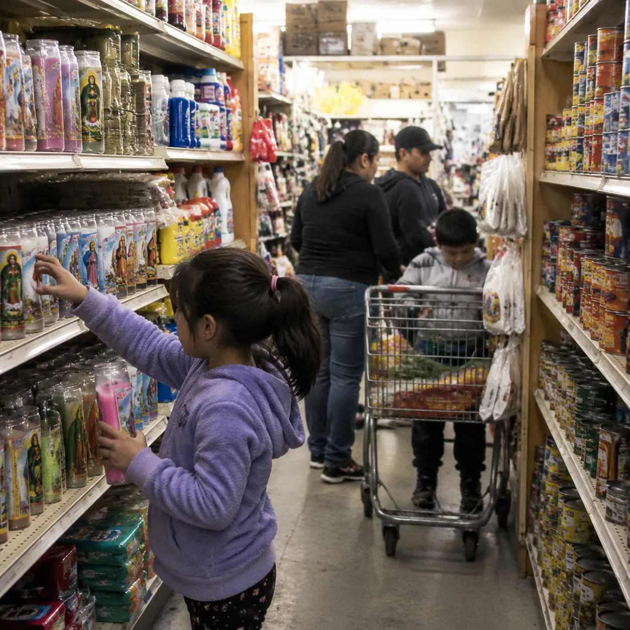 Realistic editorial photo of a modest Latino grocery store aisle with religious candles, cleaning supplies, canned goods