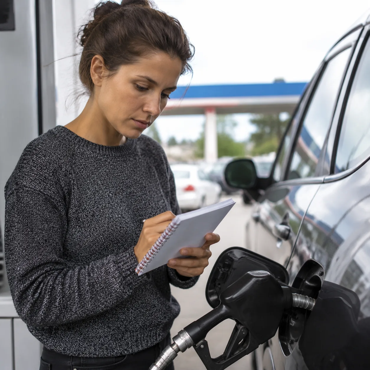 Realistic editorial photo of a person filling a gas tank and checking a car maintenance notebook, practical transportati