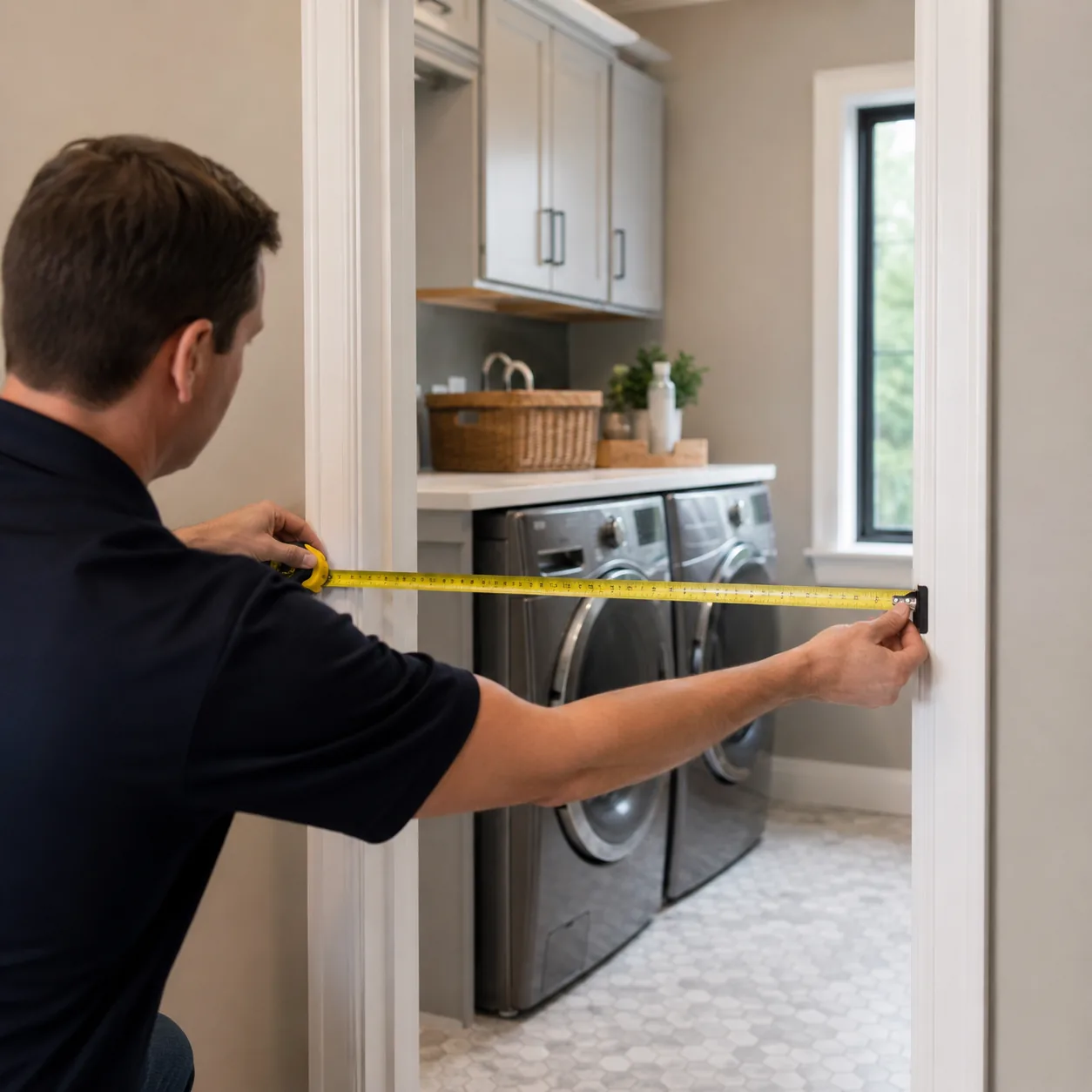 Realistic editorial photo of a washer and dryer delivery path being measured through a laundry room doorway, practical a