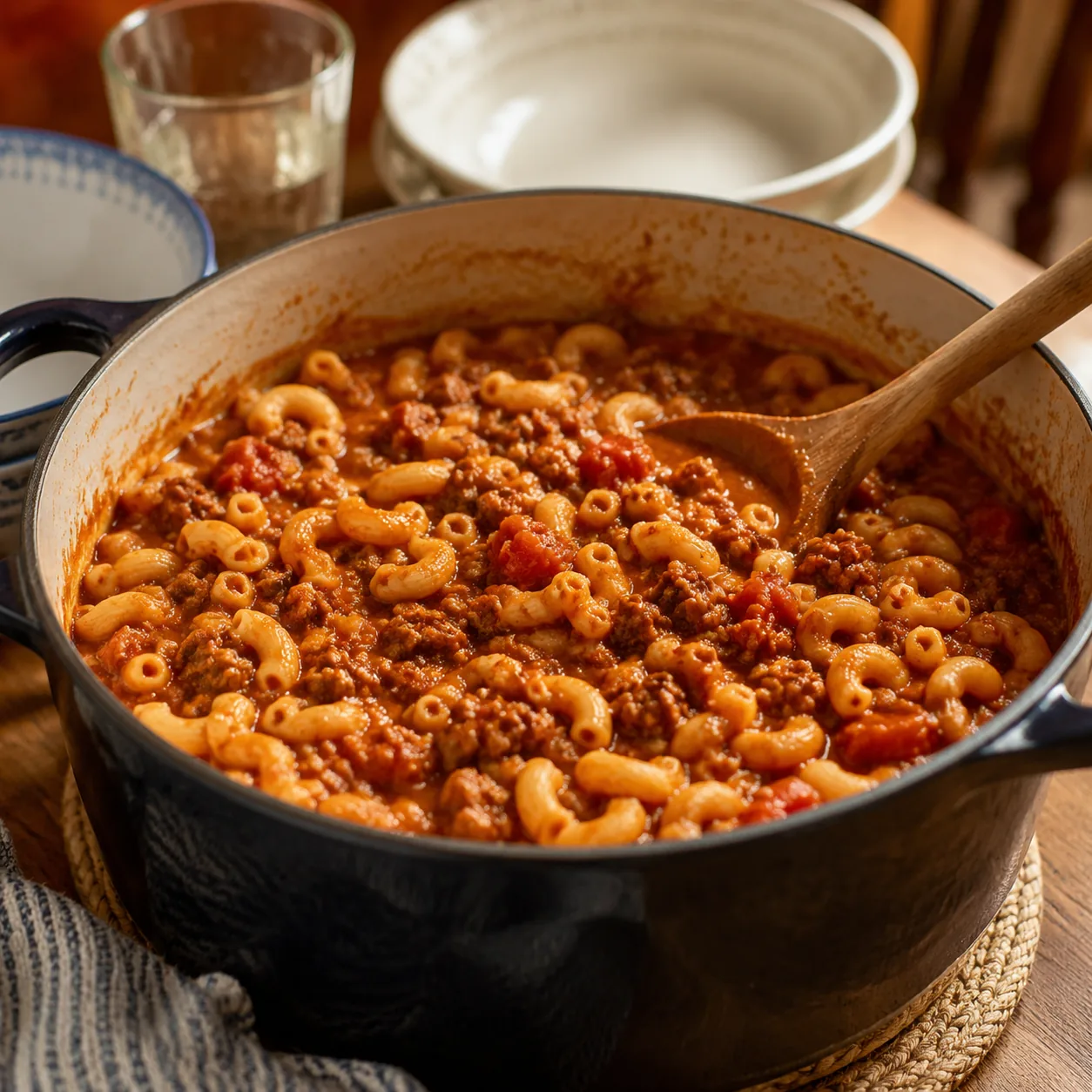 Realistic editorial photo of American goulash with elbow macaroni, tomatoes, and ground beef in a large pot, practical f