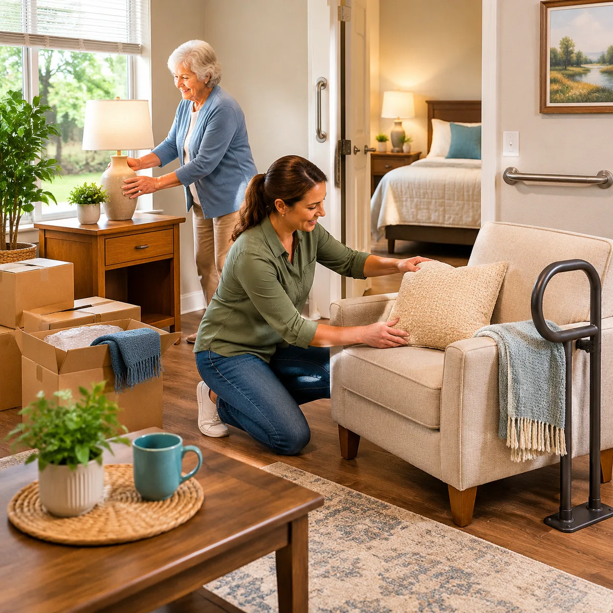 Realistic editorial photo of an assisted living apartment being set up with safer furniture, lamps, grab bars, and movin