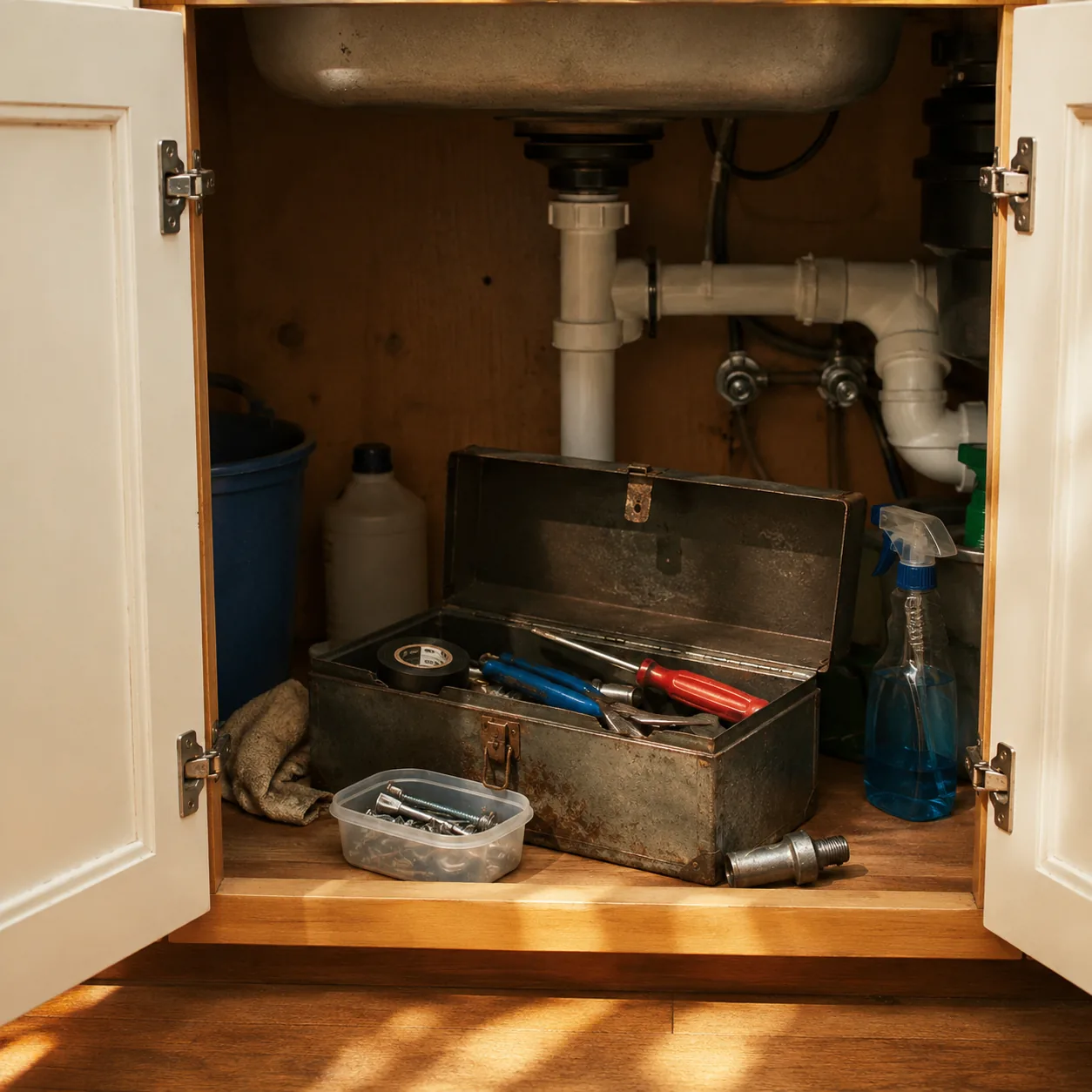 Realistic editorial photo of an old toolbox with pliers, screwdriver, tape, and spare screws under a kitchen sink in a f