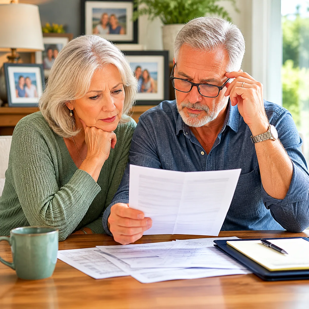 Realistic editorial photo of an older couple reading age-restricted occupancy rules beside family photos on a console ta