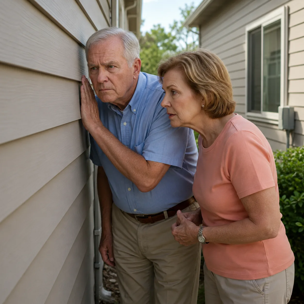 Realistic editorial photo of an older couple standing quietly between closely spaced retirement community homes listenin