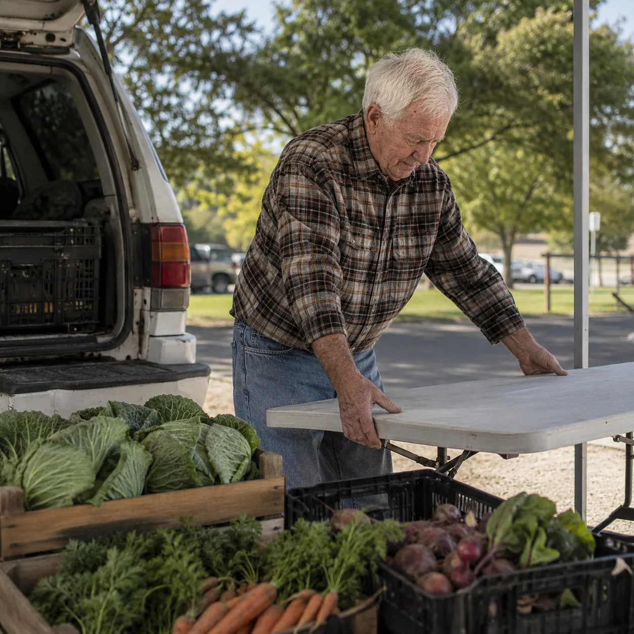 Realistic editorial photo of an older farmers market vendor setting up a folding table and produce crates before opening
