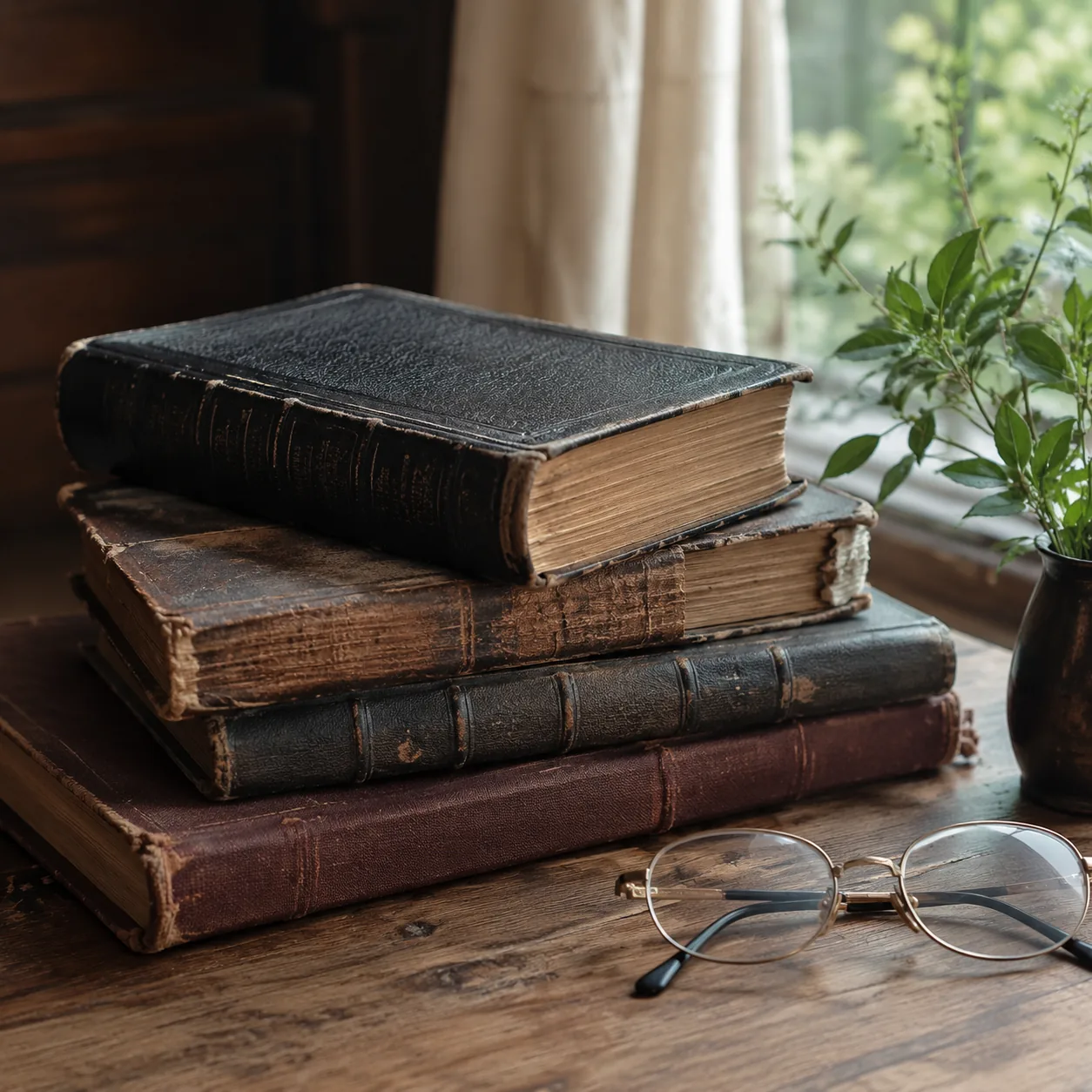 Realistic editorial photo of antique books and a family Bible stacked beside reading glasses on a wooden desk, natural l