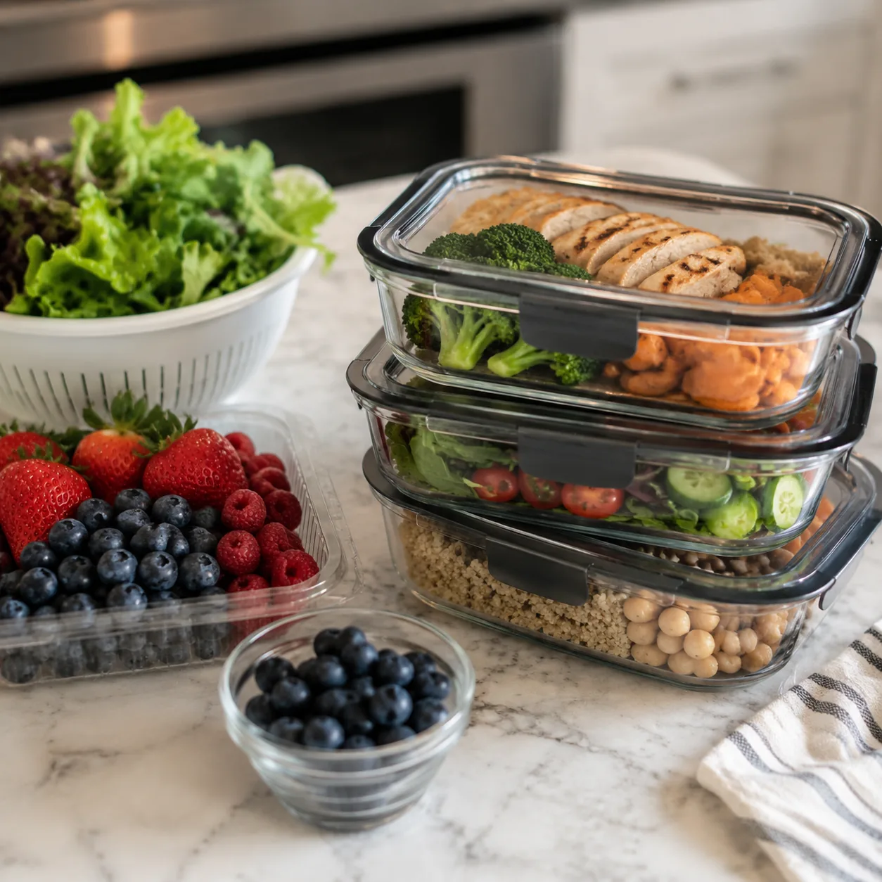 Realistic editorial photo of berries, salad greens, and meal prep containers on a kitchen counter, practical consumer gu