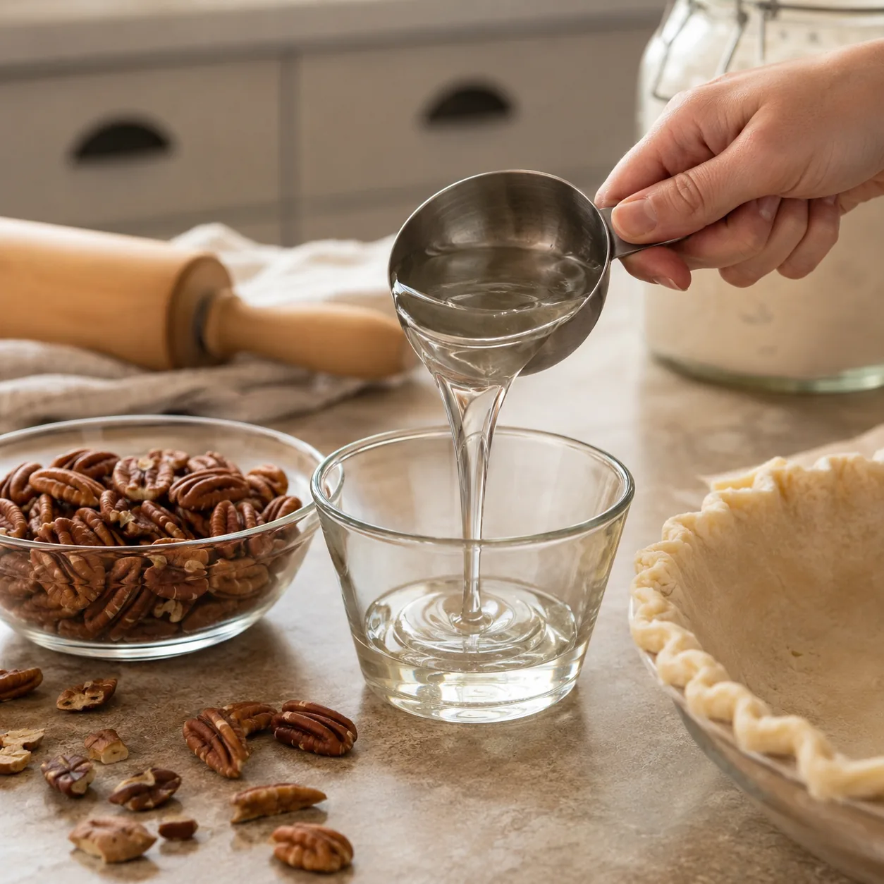 Realistic editorial photo of clear corn syrup being measured into a glass cup beside pecans and pie crust on a kitchen c
