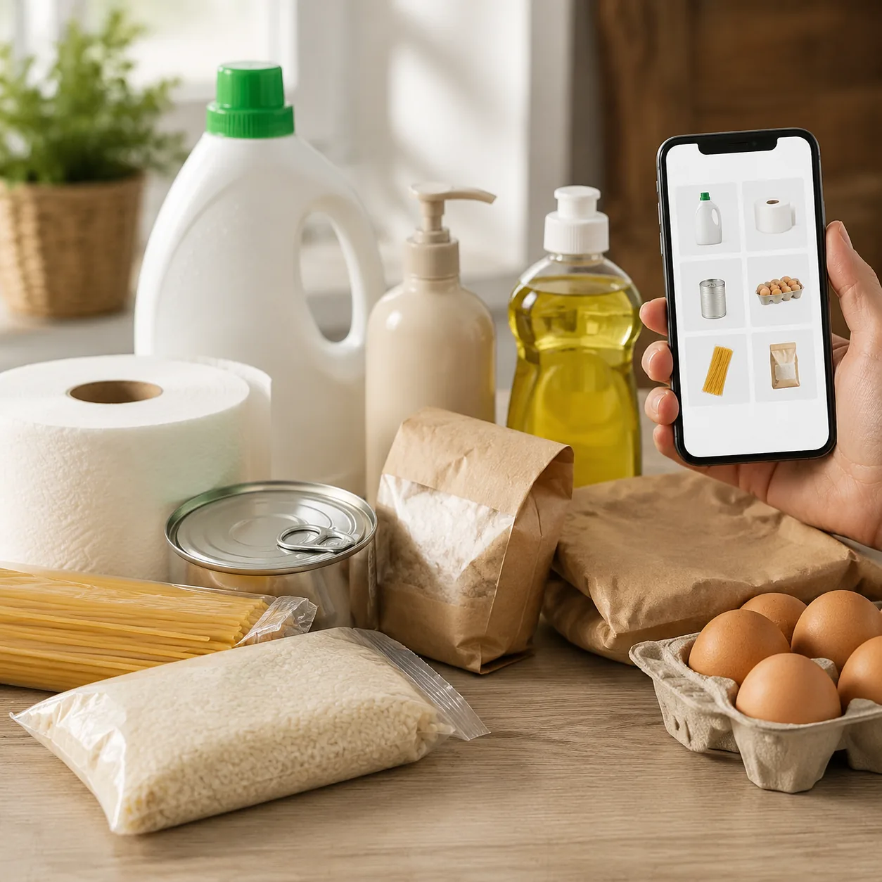 Realistic editorial photo of household essentials on a table beside a phone delivery app screen without visible text, pr