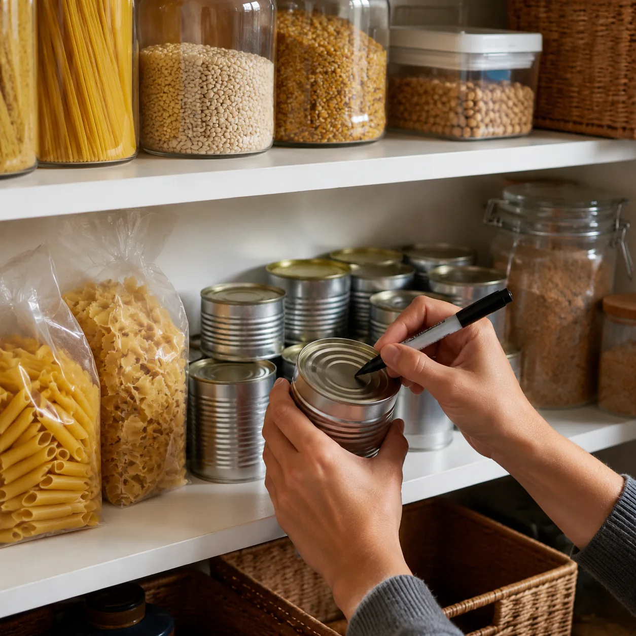 Realistic editorial photo of pantry shelves with canned goods, pasta, and a marker for rotating food, practical home org