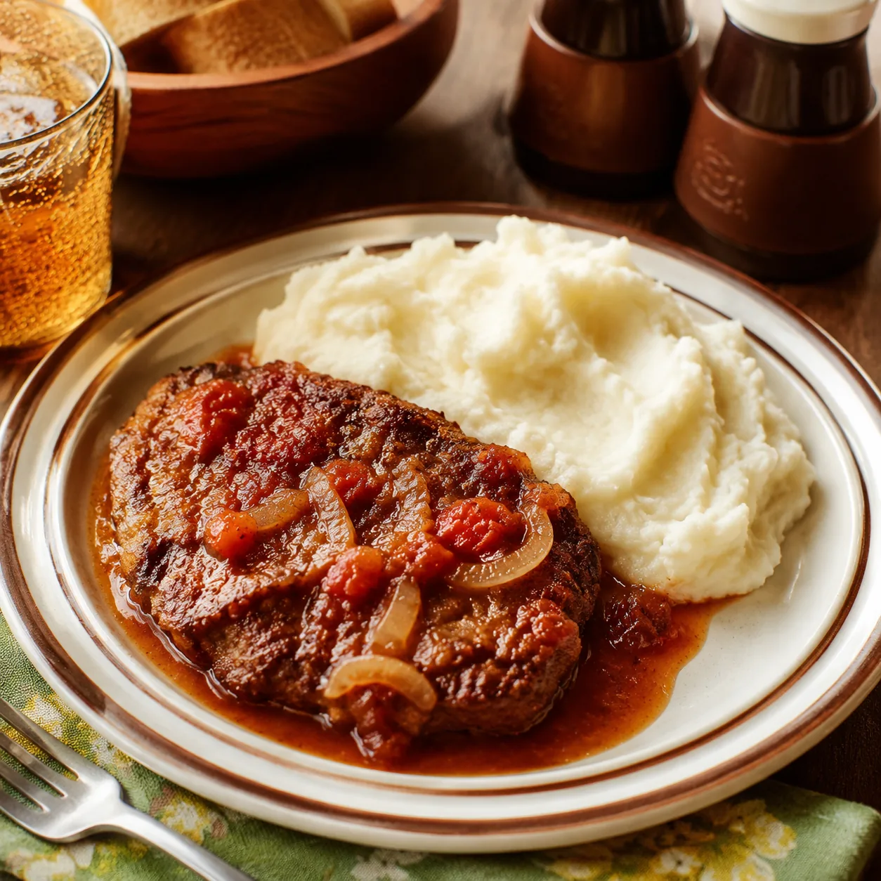 Realistic editorial photo of Swiss steak simmered with tomatoes and onions on a dinner plate with mashed potatoes, pract