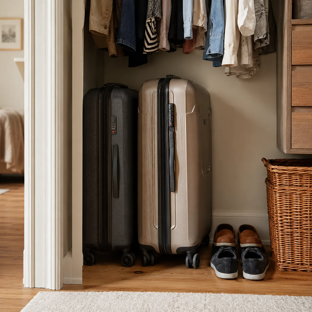 Realistic editorial photo of two sturdy rolling suitcases stored upright in a small closet beside travel shoes, practica