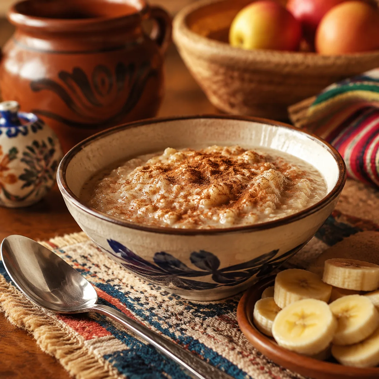Realistic editorial photo of warm oatmeal with cinnamon in a bowl beside a spoon and sliced banana, cozy Latino breakfas