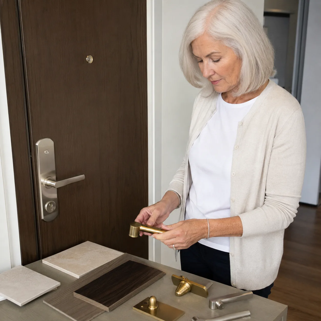 Realistic editorial photo of a condo entry door with hardware samples and an older owner comparing approved finishes, pr