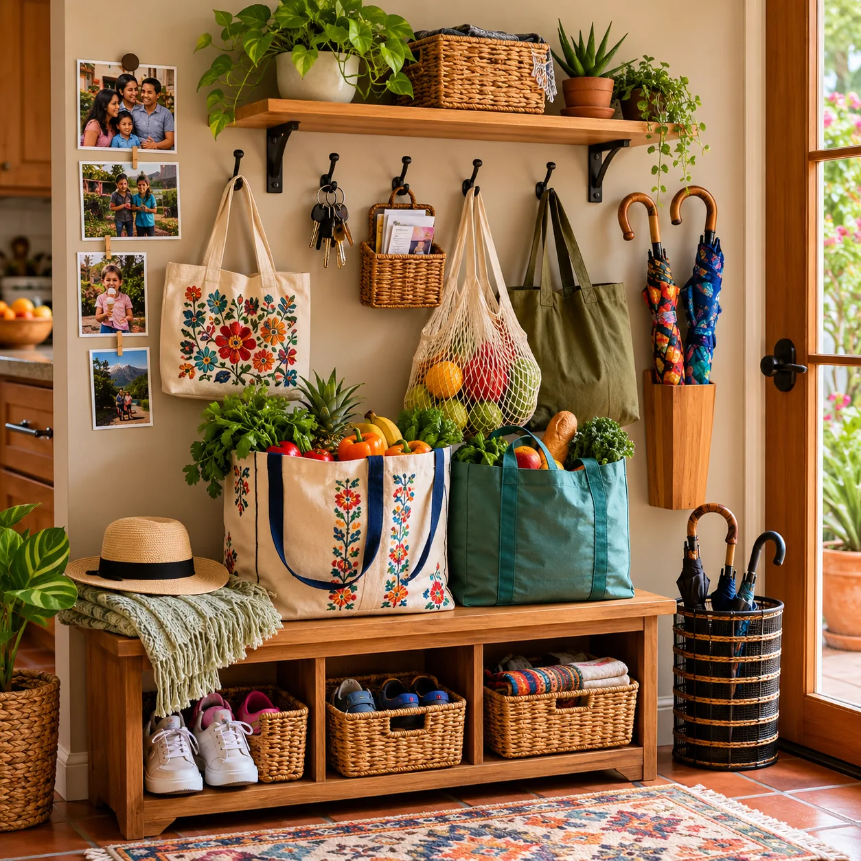 Realistic editorial photo of a family entryway with reusable shopping bags, umbrellas, and grocery memories organized ne