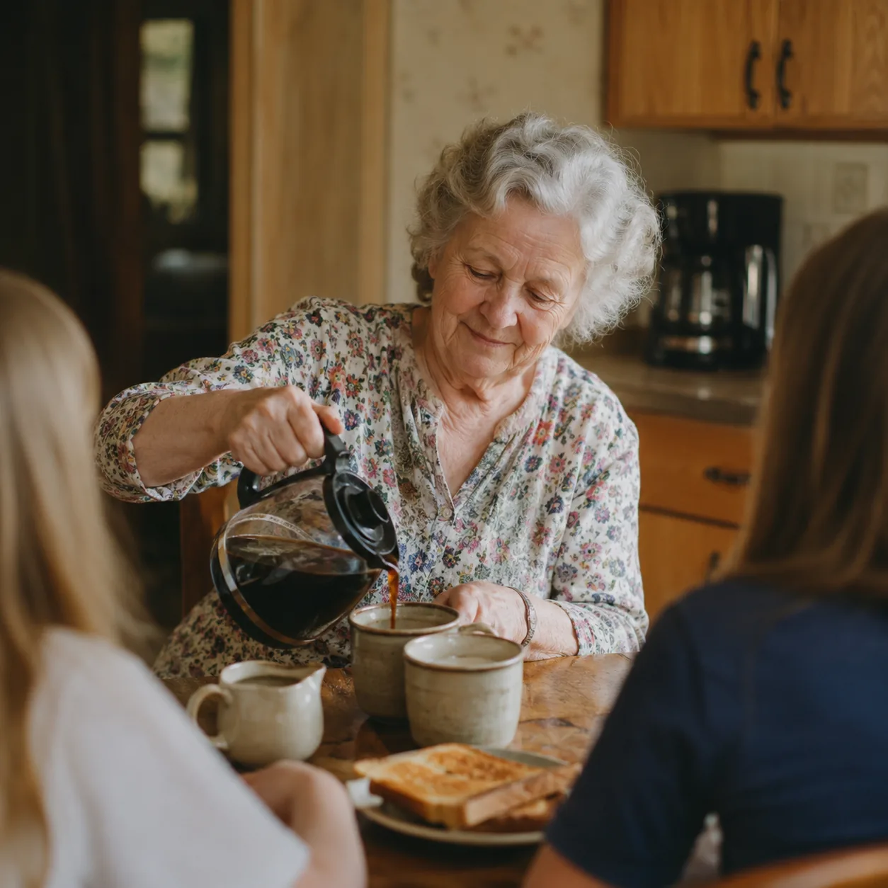 Realistic editorial photo of a grandmother pouring coffee at a kitchen table with mugs, creamer, and a plate of toast ne