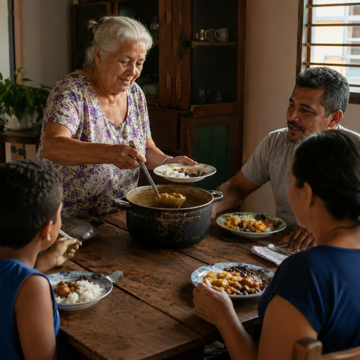 Realistic editorial photo of a grandparent serving a simple family meal from an old pot onto mismatched plates, warm nat