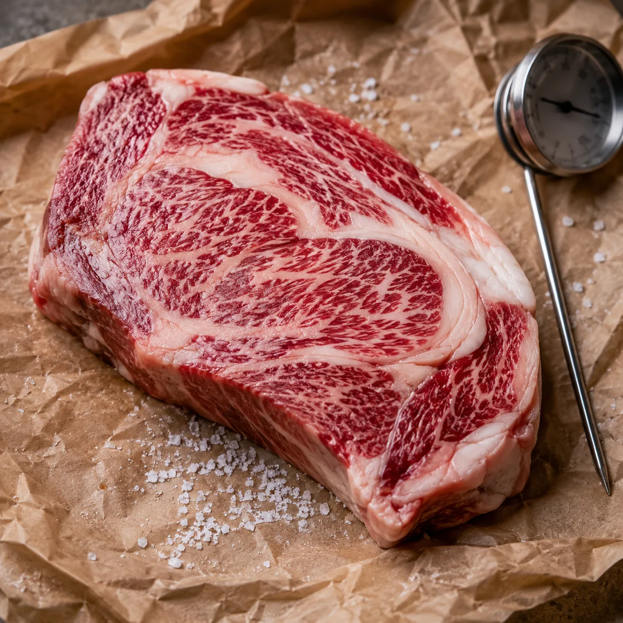 Realistic editorial photo of a heavily marbled beef steak on butcher paper with salt and a kitchen thermometer, practica