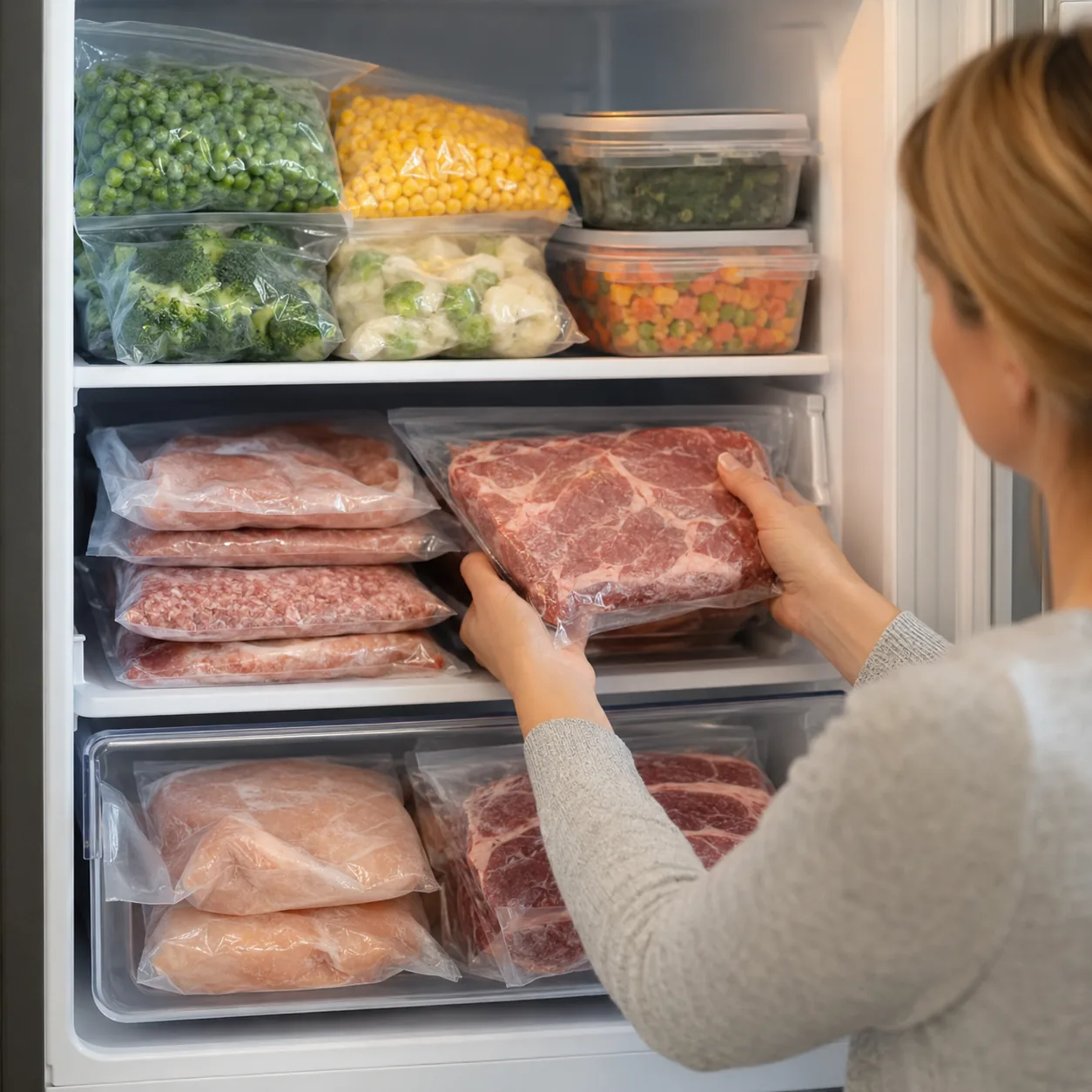 Realistic editorial photo of a home freezer being organized with labeled bags of meat and frozen vegetables, practical c