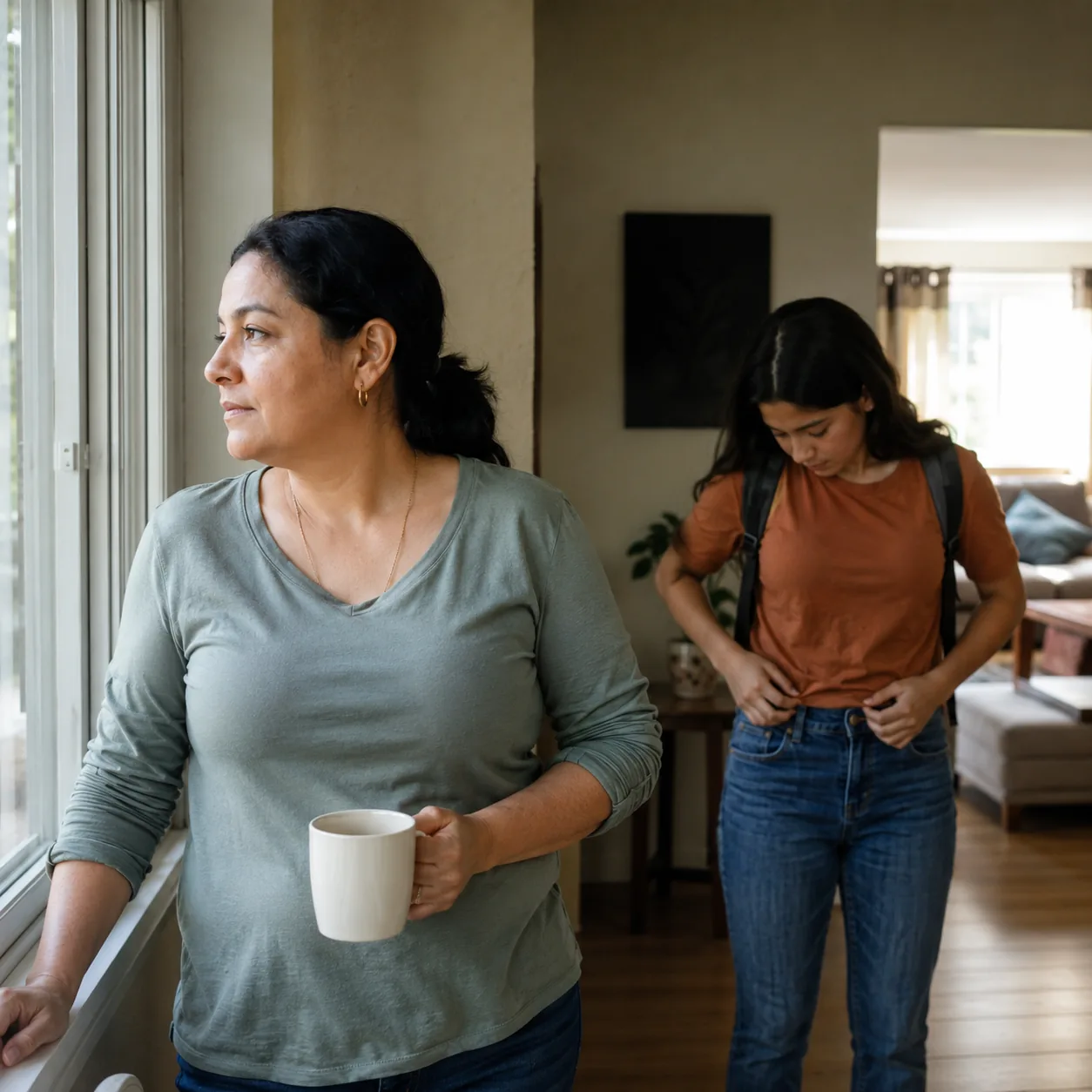 Realistic editorial photo of a Latina mother looking out a window while a teenager adjusts clothes before leaving, warm