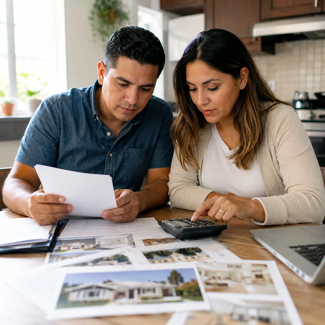 Realistic editorial photo of a Latino couple reviewing home listings, mortgage papers, and a calculator at a kitchen tab