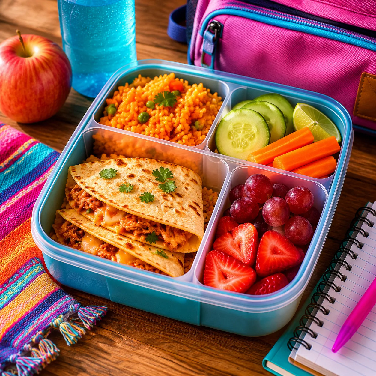 Realistic editorial photo of a Latino school lunch with homemade food in a lunchbox beside a backpack and notebook, warm