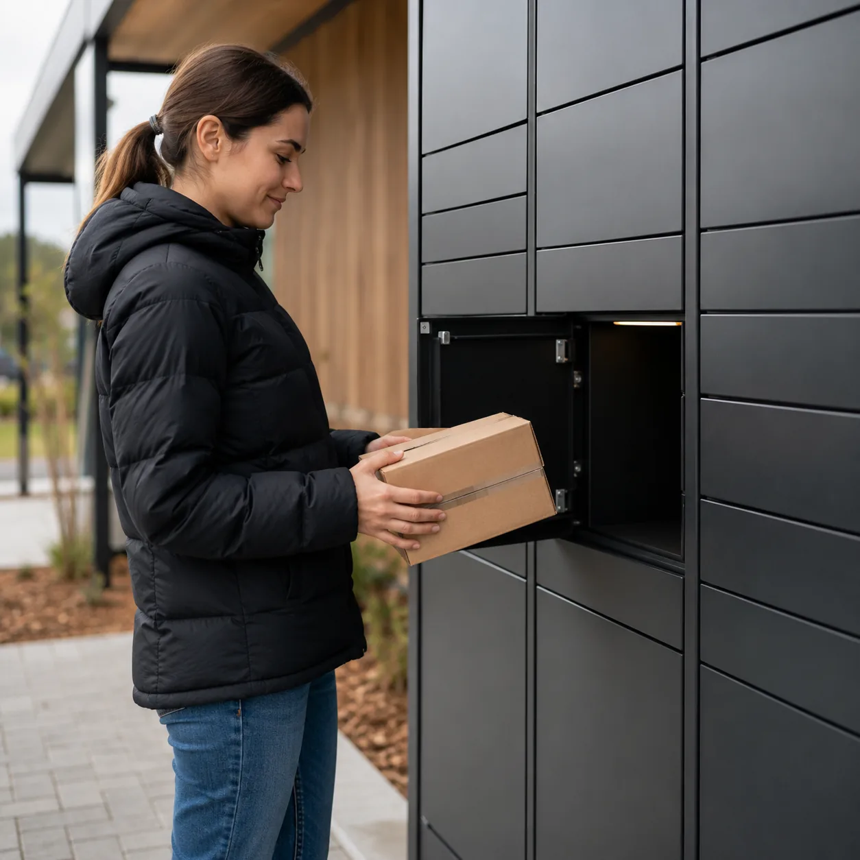 Realistic editorial photo of a package pickup locker area with a shopper holding a small parcel, practical delivery secu
