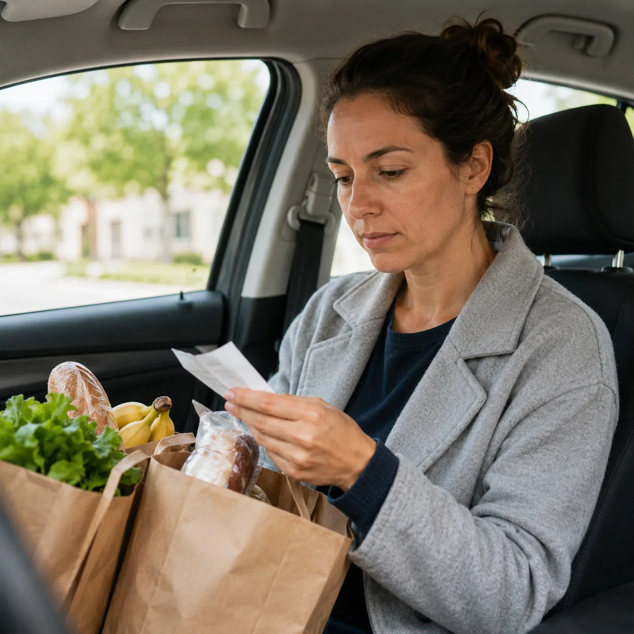 Realistic editorial photo of a parent quietly checking a paper receipt beside grocery bags in a car, 1:1 square composit