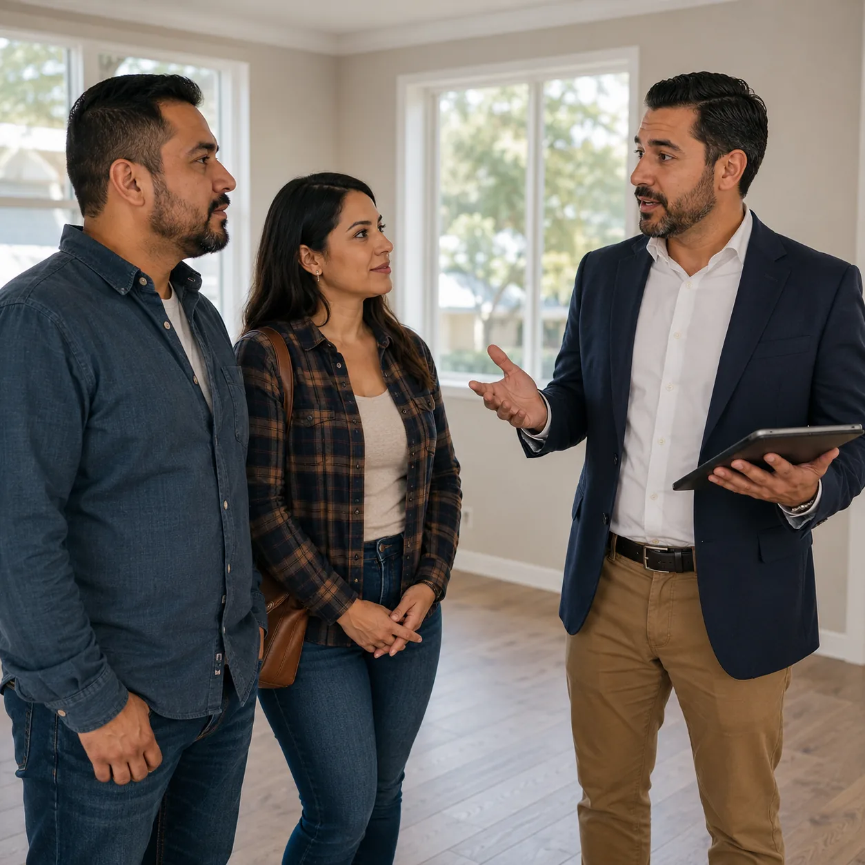 Realistic editorial photo of a real estate agent and Latino buyers discussing inspection contingencies in an empty house