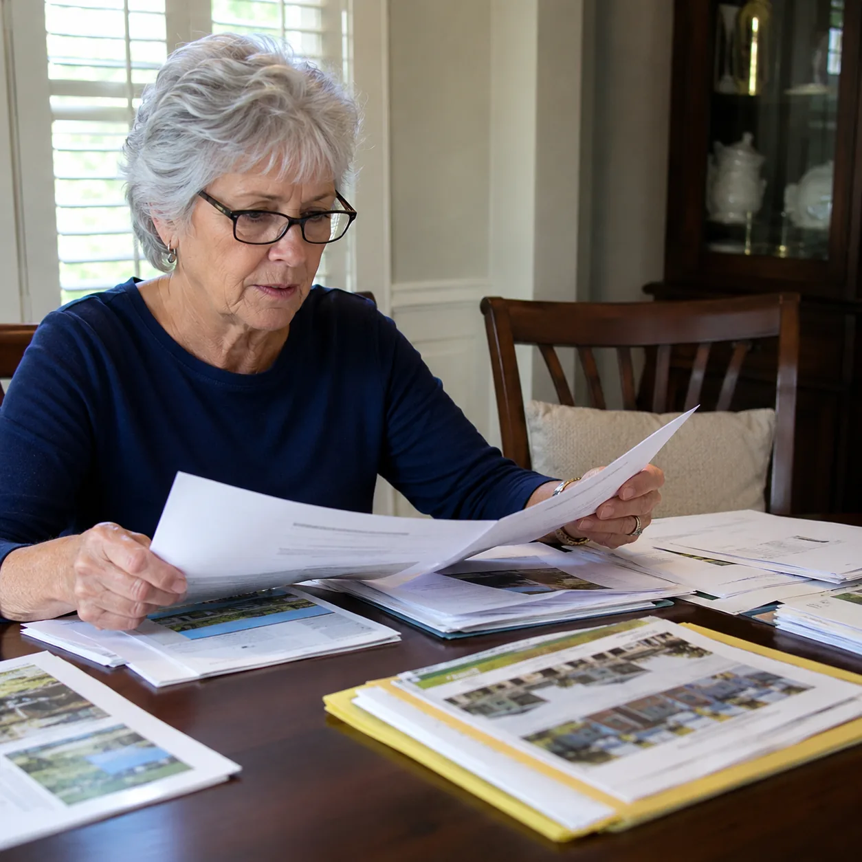 Realistic editorial photo of a retired buyer sorting community bylaws, disclosure packets, and property documents across