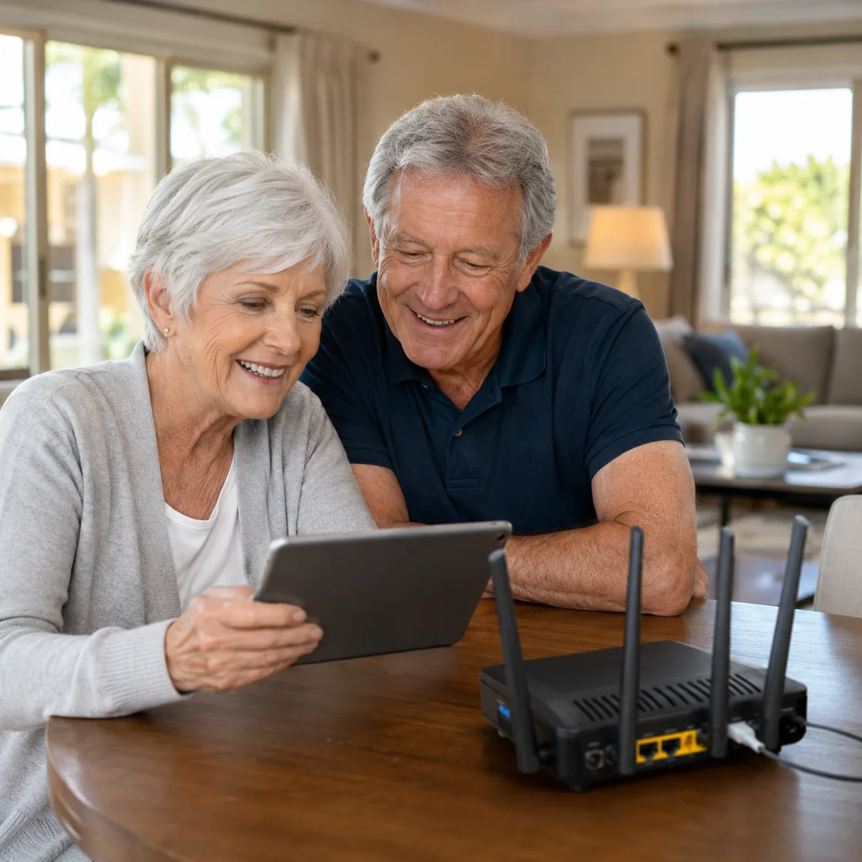 Realistic editorial photo of a retired couple checking a video call on a tablet beside a router in a 55 plus community h
